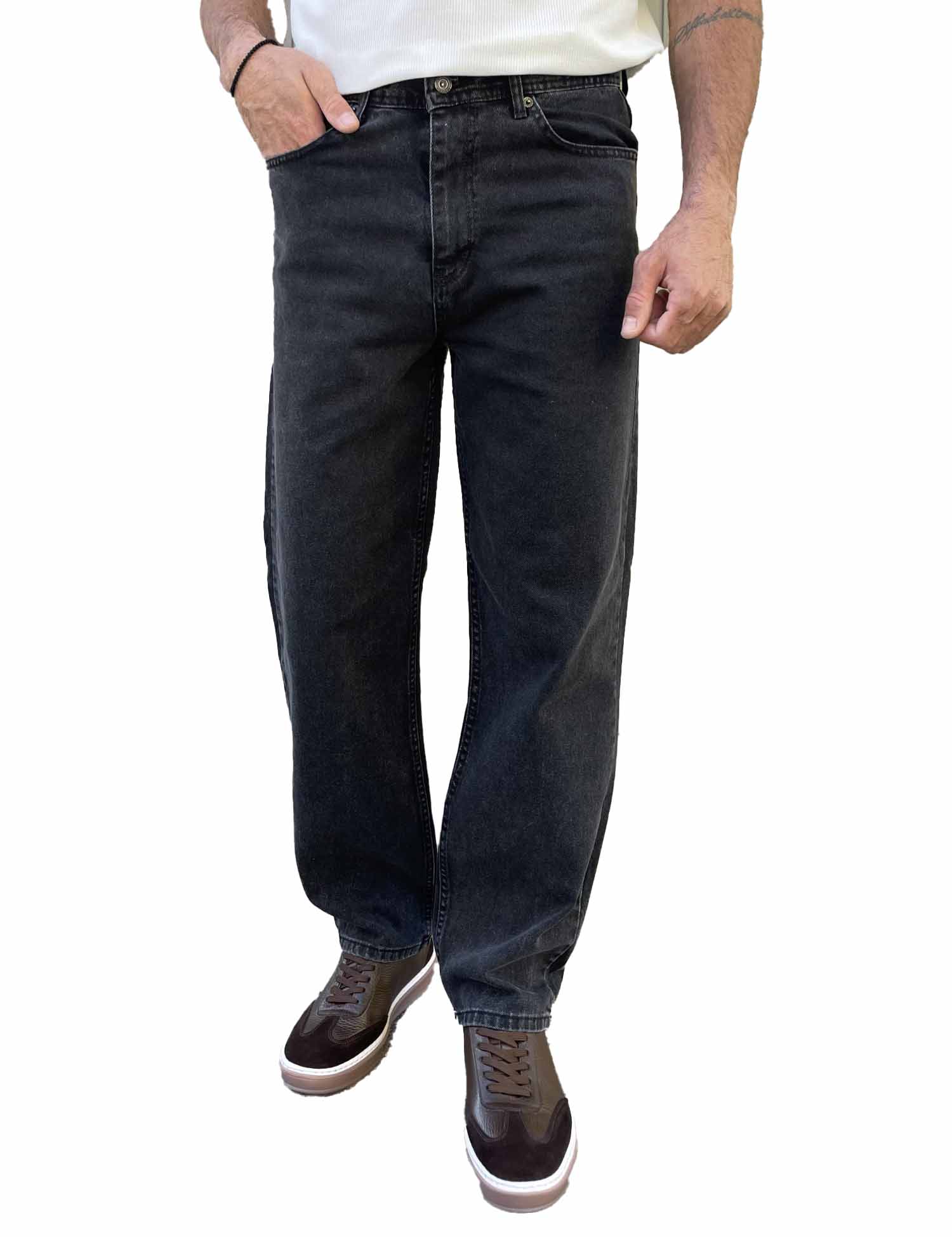 Ανδρικό μαύρο Loose τζιν ελαστικό πεντάτσεπο με φερμουάρ G81086 φωτογραφία